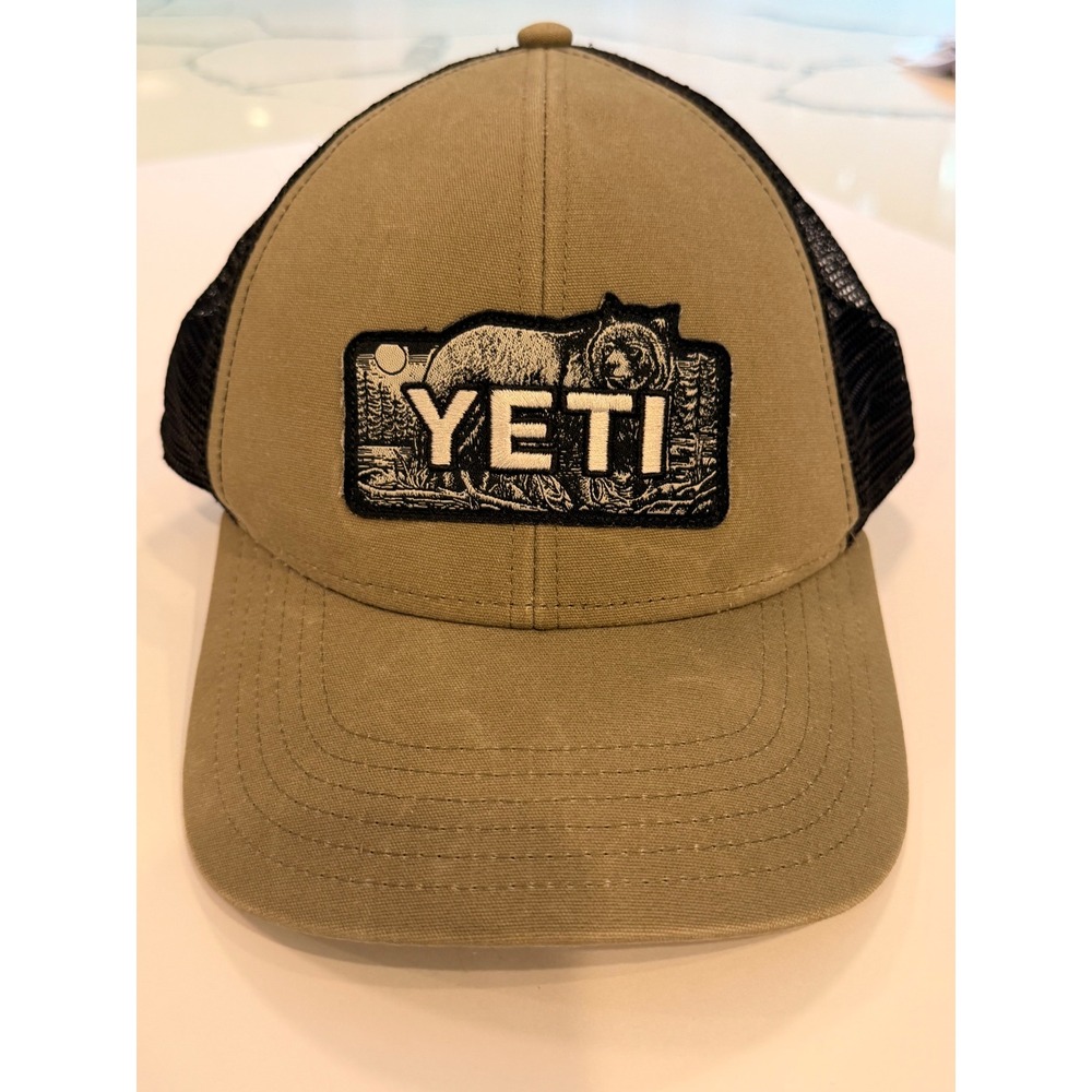 YETI Grizzly Bear Trucker Hat Tan Black Mesh‎ Snapback NetPlus Brim Cap